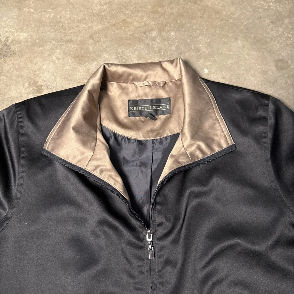 Kristen Blake Satin Black Gold‎ BronzeWomens Top Coat Jacket Trench Zipper L